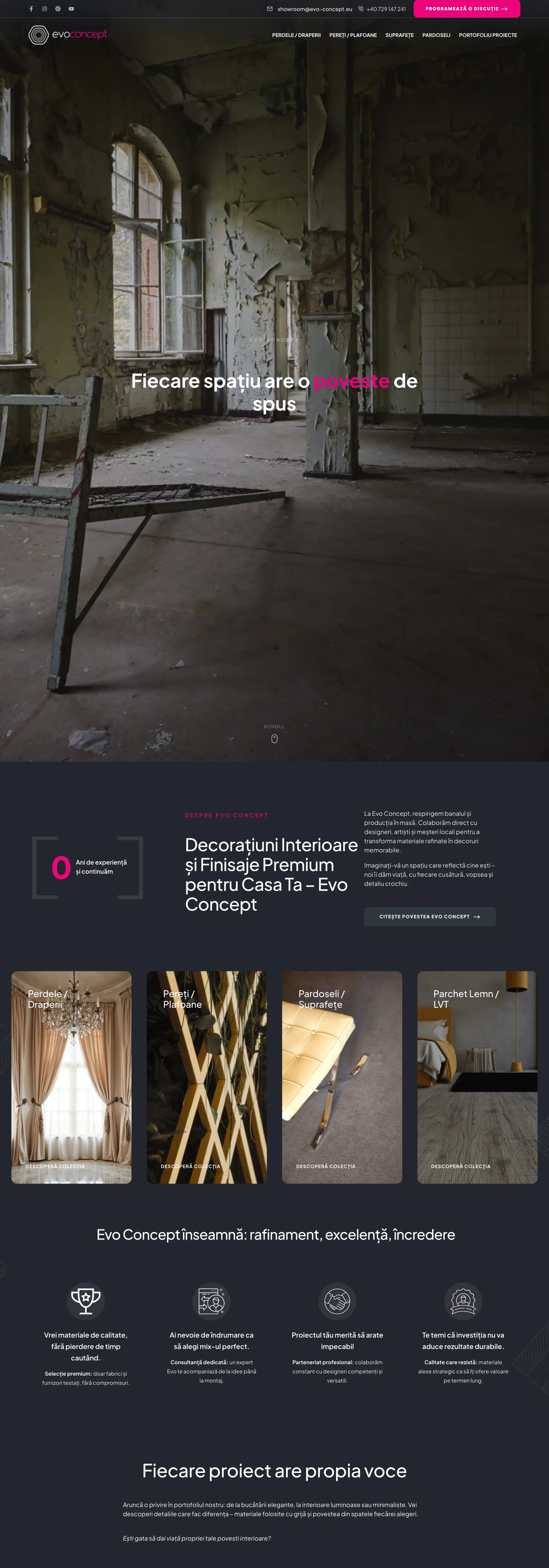 Pagina principala a site-ului Evo Concept, derulata de sus pana jos